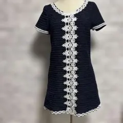 MERCURYDUOレース装飾 ネイビー 半袖ミニワンピース