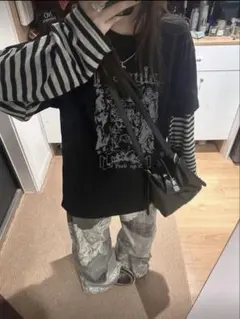 レター＆スカルプリントラウンドネックルーズカジュアルTシャツ ホワイト