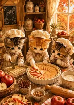 【一点物】子猫たちのアップルパイ作り｜秋の癒しイラスト