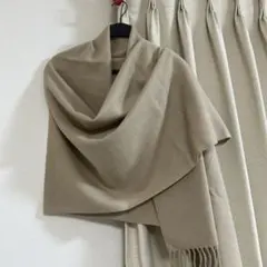 静電気軽減ベージュ ストール マフラーフリンジ付き