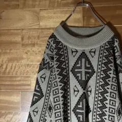 ヴィンテージ　ニット　レトロ　総柄　太アーム　ゆるダボ　カーキ　異素材　L程