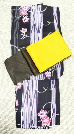 浴衣・帯セット 黒・紫・ピンク 花柄