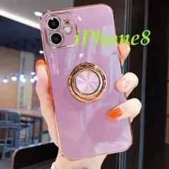 ピンクパープルiPhone8用 スマホケースリング付きカメラカバー一体韓国