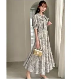 GRL フラワー柄ボウタイフレアワンピース