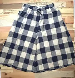 SNVALLE スカート見え チェックワイドパンツ 麻混 ネイビー×生成り M