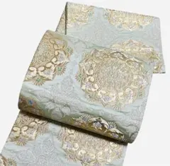 A 56袋帯 六通華文柄 唐織　金糸　八宝花 薄绿 正絹 着物