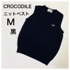 クロコダイルcrocodileニットベスト黒ウールベストMメンズ毛Vネック