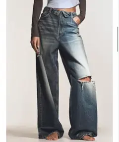 ZARAウエスト折り返しダメージ加工ワイドレッグデニムパンツ