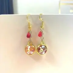 ゆれるピアス　イヤリング　★丸皿ビーズチェコ　桜＆チェリー　レジン