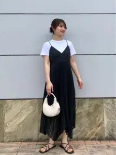 極美品ユニクロC プリーツキャミソールワンピース/ドットM黒ジャンパースカート