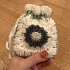 お花モチーフ巾着袋グレーホワイトミントグリーン