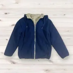 リバーシブル ボアジャケット カーキ×ネイビー フード付き M