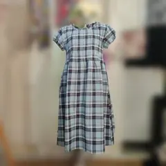 新品更にOFF❤ 青系 チェック 半袖 シャツワンピース ロング丈 伸縮性あり