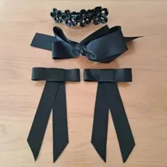 サテンリボン バレッタ フラワー ブラック ヘアアクセサリー4点セット