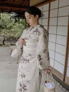 utatanexAcka 山茶花 ベージュ 浴衣　帯　下駄3点セット