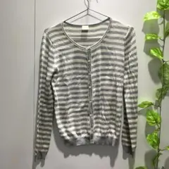 【Te chichi】ボーダーカーディガン グレー×ホワイト パールボタン M