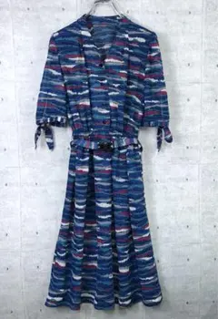 昭和レトロ 古着 ベルト付 波模様 幾何学模様 袖リボン 五分袖 ワンピース