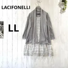 【LACIFONELLI】重ね着風 チェックチュニック LL 七分袖 グレー
