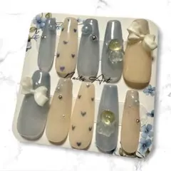 くすみブルーベージュロングバレリーナネイル