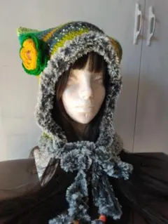 大きなお花アクセサリーつき猫耳パイロット帽子handmade