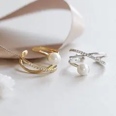 567★パール付きXマークリング  フリーサイズ調整可能‪‪☺︎‬*