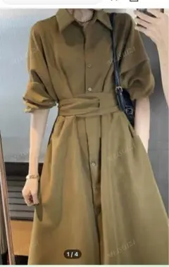 オリーブ色 長袖シャツワンピース ベルト付き