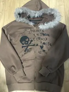 ブラウン スカルプリント フード付きパーカー