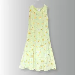 レトロ小花柄 ノースリーブワンピース ライトグリーン ロング丈 春夏 レーヨン