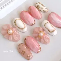 【現品限り】ネイルチップ ショートバレリーナ フラワーネイル ピンク