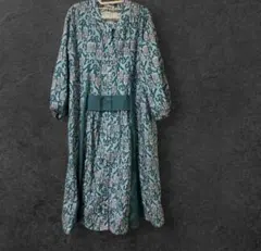 緑系花柄長袖シャツワンピース