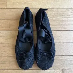 ZARA ザラ　バレエシューズ リボン フラットシューズ　ツイード　38サイズのサムネイル