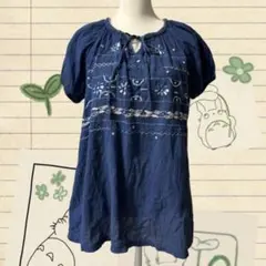 森ガール フェアリーグランジ　ブルー刺繍半袖チュニック