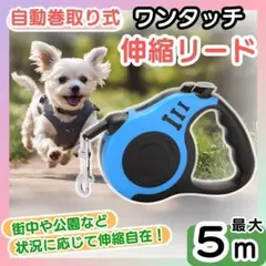 【ブルー】伸縮リード 自動巻き取り ロック付き 5ｍ 散歩 犬用 リード 1個のサムネイル