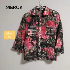 【美品】VINTAGE レディース Mサイズ ブラック 七分袖 花柄シャツ 春