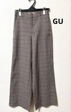 GU チェック柄 ワイドパンツ ガウチョ 秋冬　茶系
