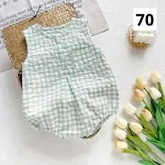 ベビー ロンパース 70 チェック柄 ノースリーブ 男の子 女の子 夏服 韓国