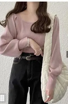 GRL マトンスリーブスクエアネックニットトップスピンクM