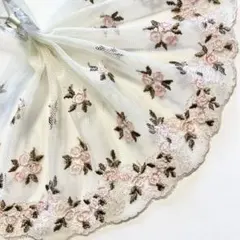 ベビーピンクカラーのミニ薔薇刺繍チュールレース　1m　N-684
