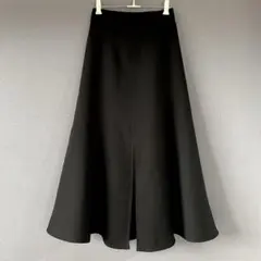 値下げ フレア ロングスカート 前スリット ウエスト後ろゴム ブラック 黒