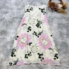 美品✨ ふりふ (F) 大花柄 ひざ丈 ワンピース 着物柄 Aライン 和柄 春夏