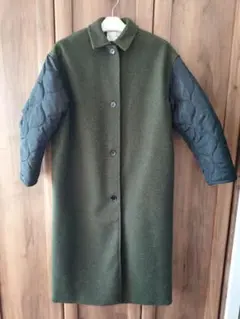 NOMINE 袖キルティング切替ステンカラーロングコート　カーキ×ブラック