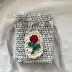 【アイスブルー】バラモチーフ巾着　ハンドメイド/手編み