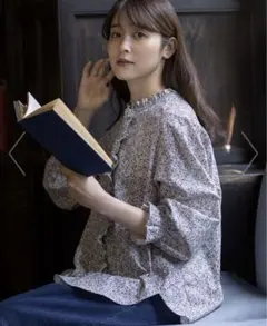 ゆべし×Samansa Mos2 フリルブラウス レッド　花柄 コラボ sm2