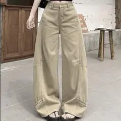 韓国　ボトムス　デニム　ブラウン　茶色　カーキ　ワイドパンツ　S