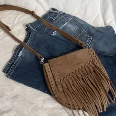 ブラウン スエード フリンジ ショルダーバッグ