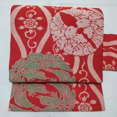 アンティーク　正絹　縦涌く丸紋向鳥織り出し　九寸名古屋帯（５８７）