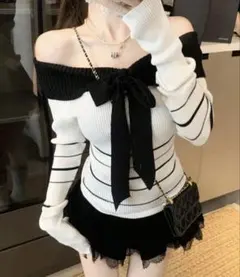 SHEIN オフショルニットトップス リボン ホワイト S