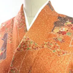 6k458 着物　正絹　袷　小紋　橙色　赤　茶色　金色　花柄　和装