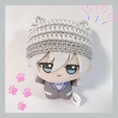 ちびぐるみ ぬい服 猫耳ボーダーニット帽 グレー×白 ハンドメイド 編み物