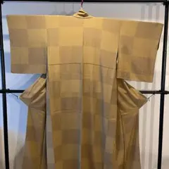 ち*ー様 小紋 黄土色 市松 幾何学 正絹 シルク 袷 撮影 コスプレ 練習用